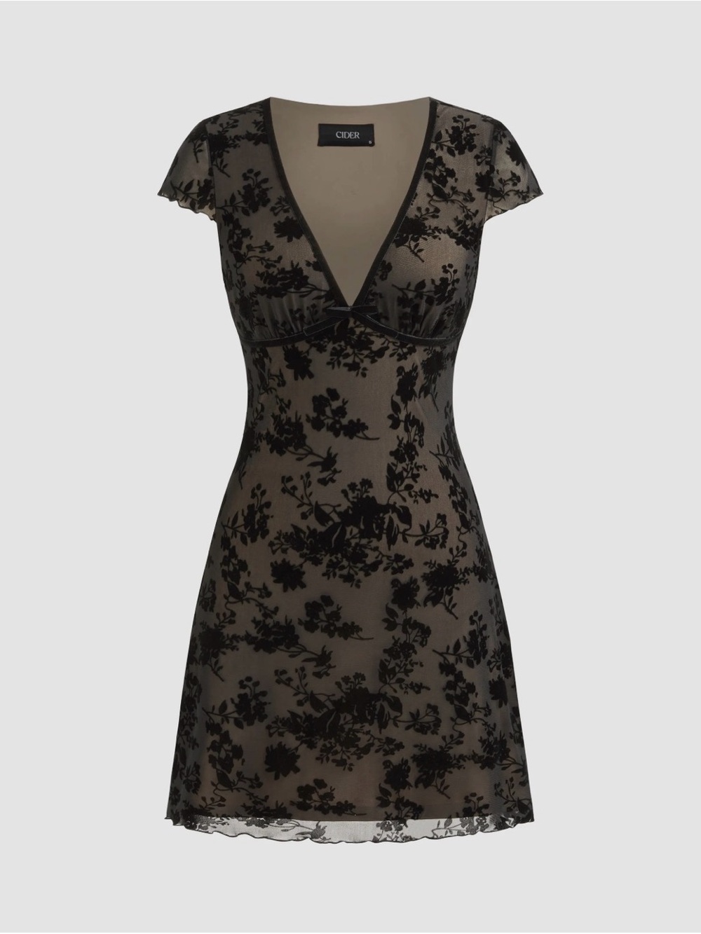 Cider Black Floral Mesh V-Neck Mini Dress with Sheer Overlay NWT M
